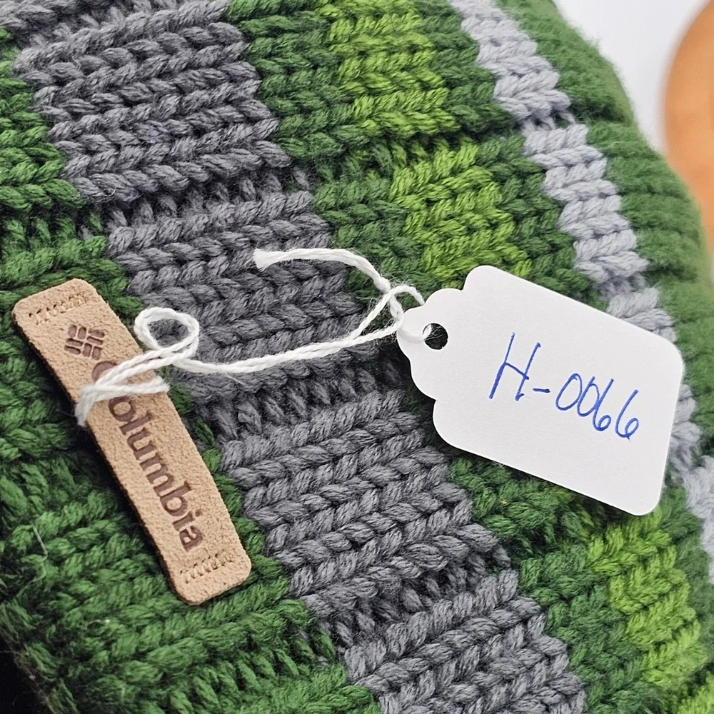 Columbia In-Bounds Beanie‎ Green Grey Stripe Fleece Lined Knit Winter Hat Unisex